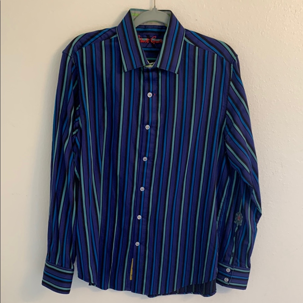 Robert Graham Striped Blue Green Black Fitted Button Up Shirt Size L